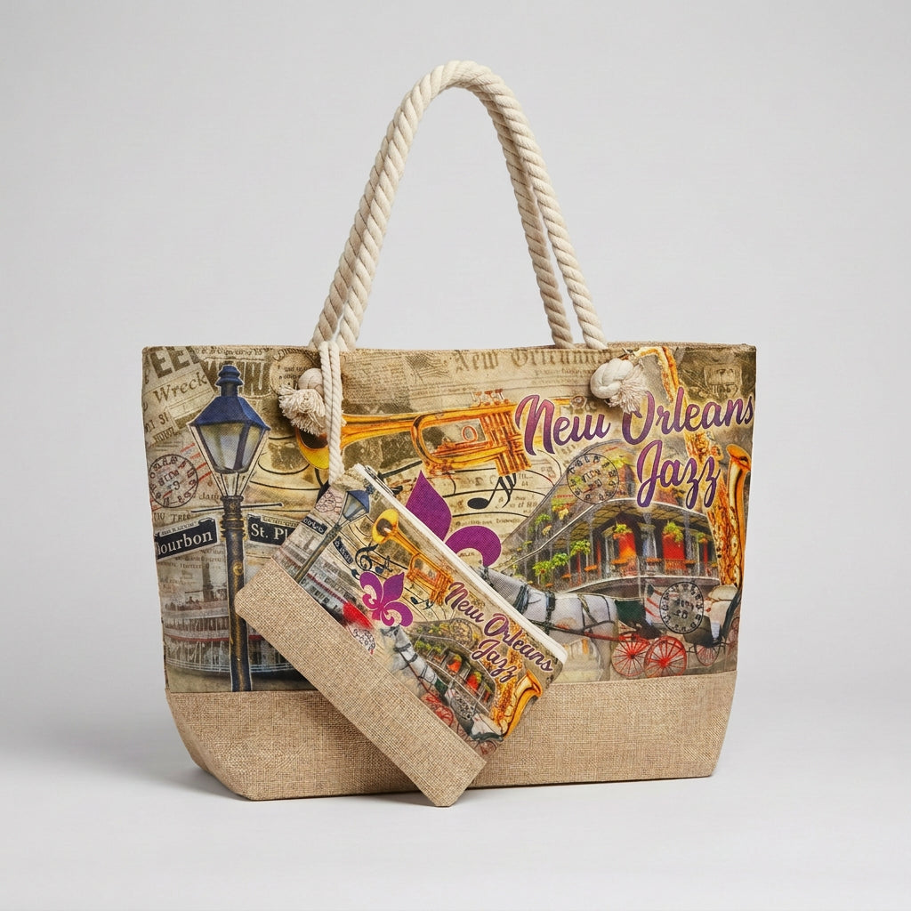NEW ORLEANS COLLAGE TOTE W/ CLUTCH