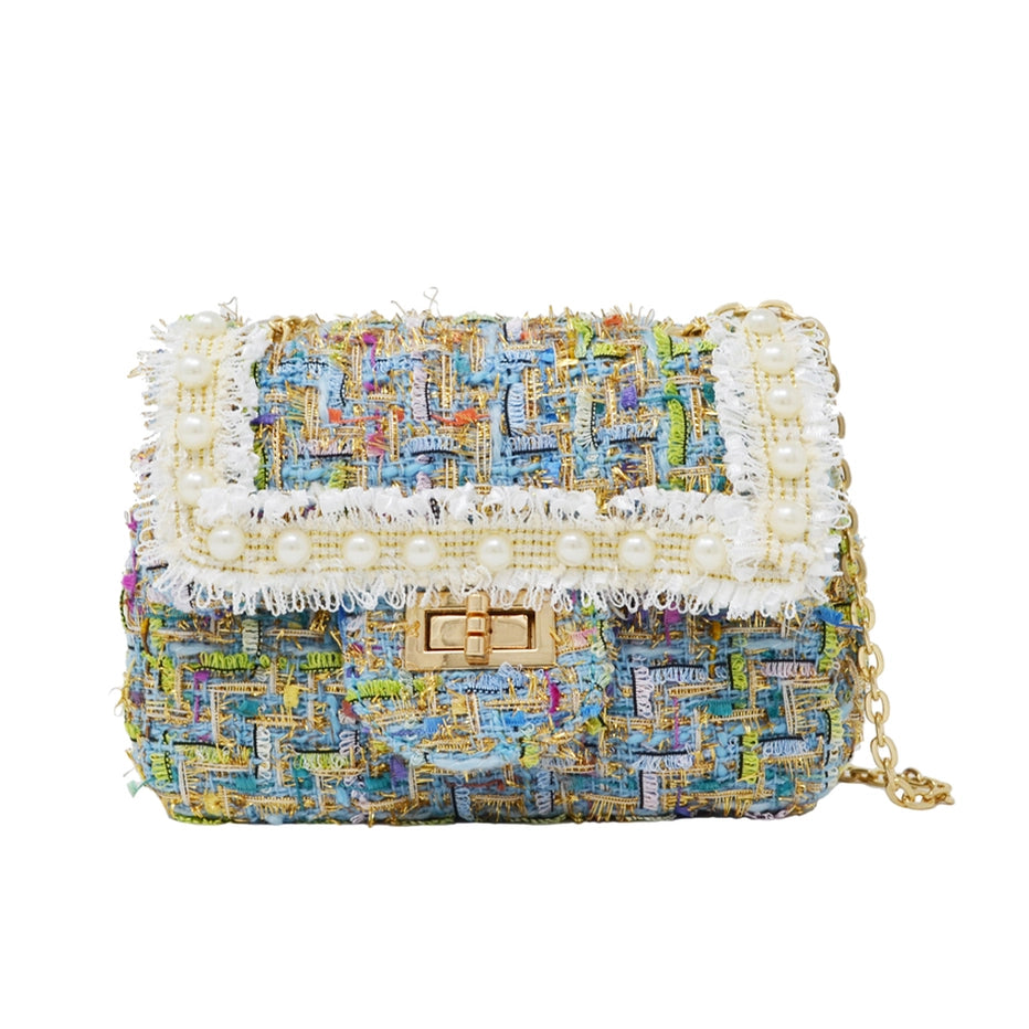 CLASSIC TWEED BLUE HANDBAG WITH PEARLS