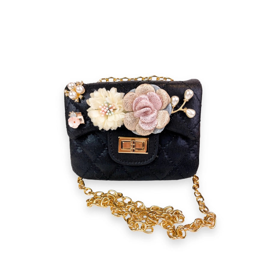 FLORAL APPLIQUES SHINNY QUILTED PURSE