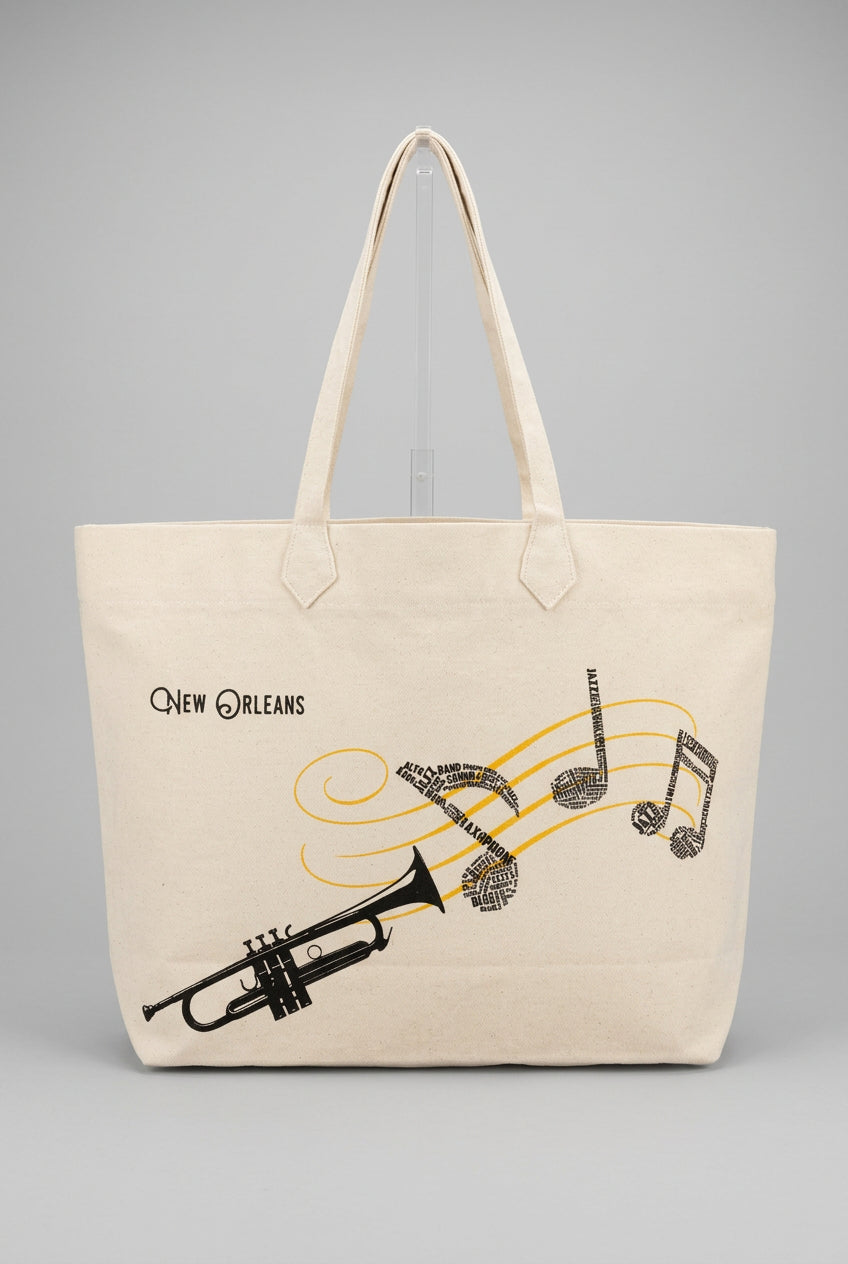 NEW ORLEANS JAZZ WORDS IN NOTE TOTE BAG