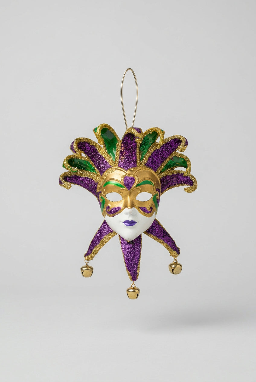MARDI GRAS FLARE MASK THREE BELLS ORNAMENT