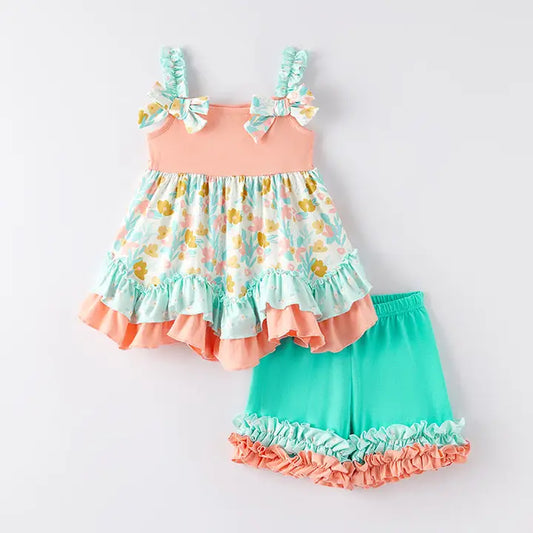 CORAL MINT FLOPRA RUFFLED SHORT SET