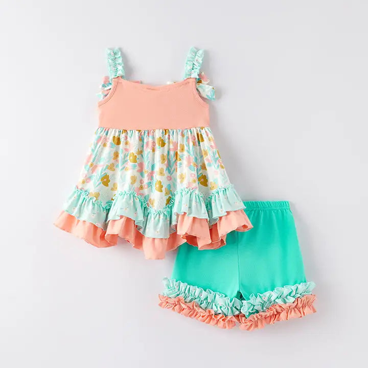 CORAL MINT FLOPRA RUFFLED SHORT SET