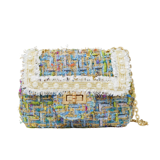 CLASSIC TWEED BLUE HANDBAG WITH PEARLS