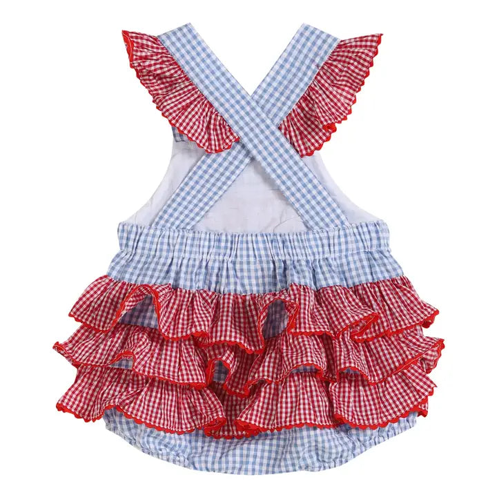 BLUE GINGHAM CRAB RUFFLE ROMPER