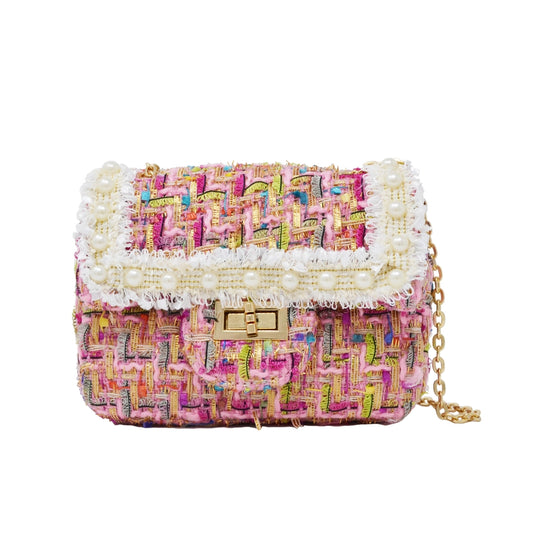 CLASSIC TWEED PINK HANDBAG WITH PEARLS